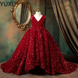 Gold Girls Pageant Dresses Sequined Toddler Ball Gowns Jewel Long Sleeves Formal Kids Party Gown Flower Girl Dresses for Weddings 2021 218C