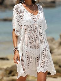 Sexy Knitted Hollow Out Beach Cover Up Midi Dress for Women Solid Sheer Mesh Tunic Ladies Outfits Summer Bikini Coverups 240508