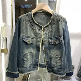 American Streetwear Y2k Jackets O Neck Raw Edge Pockets Design Chic Short Denim Coat Harajuku Vintage Womens Clothing 240513