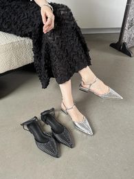Sandals Pointed Toe Women 2024 Arrivals Ankle Strap Black Silver Summer Flat Low Heeled Rhinestone Party Size 35-39