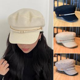 Berets Fashion Pearl Chain Flat Top Hat Korean Style Beret Caps Woman Autumn Winter Warm Octagonal Hats Women's Sun Protection