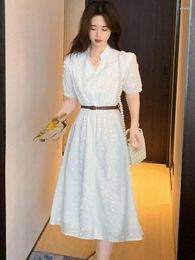 Party Dresses Summer White Chic Jacquard Hollow Out Midi Dress Women Short Sleeve Bodycon Robe 2024 Korean Fashion Elegant Luxury
