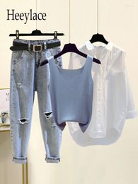 Women's Two Piece Pants Women Summer Streetwear 3 Set Korean Casual Vest Long Sleeve Blouse High Waist Hollow Out Denim Jeans Sets