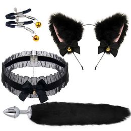 Sexy Set Cute tail anal plug bow knot soft Cats ears (Steamed cat-ear shaped bread) headband neckline sex role-playing lovers accessories SM sex toys T240513