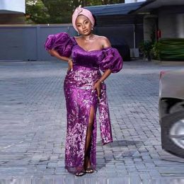Aso Ebi Style Off Shoulder Prom Dresses 2021 Purple Lace Sexy Front Split Plus Size African Women Formal Evening Occasion Gowns 196k