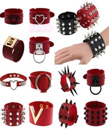 Boho Spike Rivets Bracelets Strand For Women Punk Goth Red Pu Leather Bracelet Cuff Bangles Studded Halloween Festival Jewellery Har7214445