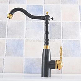 Kitchen Faucets Black & Gold Colour Brass Bathroom Basin Sink Faucet Mixer Tap Swivel Spout Single Handle One Hole Deck Mounted Tsf796