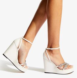 Summer-ready style Bing Sandals Shoes Women Wedges Heels Latte Nappa Leather Crystal-embellished Toe Straps Party Wedding Comfort Walking #08977