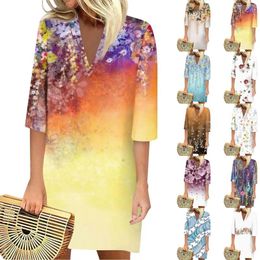 Casual Dresses Summer For Women Fashion Elelgant Printed Dress Loose V Neck 3/4 Sleeved Temperament Vestidos Longos