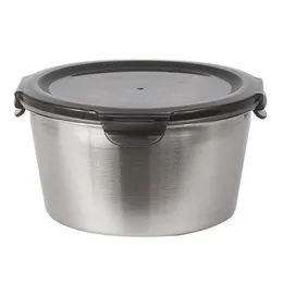 Dinnerware 304 Stainless Steel Round Lunch Box With Lid Refrigerator Fresh Bento Bowl 1100ML