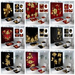 Shower Curtains 4pcs Gold Rose Waterproof Curtain Bathroom Anti-Slip Pad Toilet U-shaped Cover Home Decor