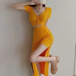 Work Dresses Slim Women's Sexy Orange Drawstring T-shirt V Short Sleeve Top Summer 2024 Cotton Slit Asymmetric Skirt Sets Wild