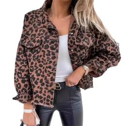 Fashion Leopard Print Tassel Hem Jacket Women Casual Outerwear Female Spring Autumn Lapel Single-breasted Cardigan Denim Coat 24 240513
