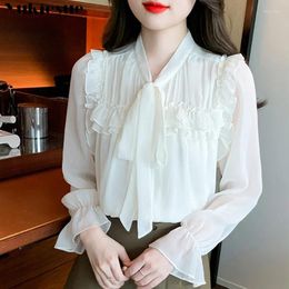 Women's Blouses Spring Korean Leisure Elegant Solid Color Chiffon Women Shirts Sweet Long Sleeve Bow Shirt Tops Harajuku Lace-up Temperament