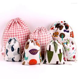 Storage Bags 3 Pcs Colourful Cotton Linen Fabric Pouch Drawstring Cute Animal Plant Print Kid Travel Cloth Shoe Bag Makeup Gift