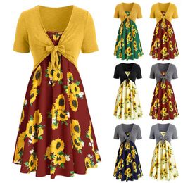 Casual Dresses Womens Beach For Women Two Piece Outfits Fashion Bowknot Bandage Top Sunflower Plus Size Vestido Mujer Elegante