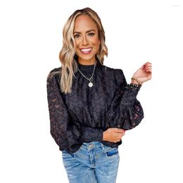 Women's Polos Black Lace Up Small Standing Neck Bubble Sleeved Chiffon Shirt For Women Long Pullover 25118259
