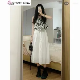 Work Dresses Summer 2024 Korean Edition Style Temperament Printing Slim Strap Half Skirt Fashion Women's Two Piece Set