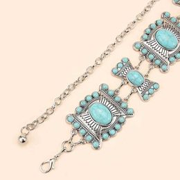 Waist Chain Belts Turquoise waist chain womens metal alloy curved square stone belly Bohemian summer dress with decoration Q240511