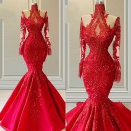 Luxurious Red Lace Dresses Evening Wear Mermaid Prom Dress Illusion Long Sleeve High Collar Beaded Pageant Mother Of The Bride Party Wo 282E