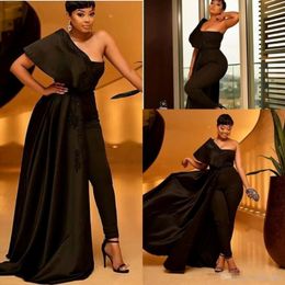 Plus Size African Sexy Black Jumpsuit Prom Dresses Appliques Sequins One Shoulder Overskirts Evening Dresses With Pant Suits Party Gown 2608