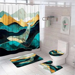 Shower Curtains 4Pcs Natural Scenery Curtain Set Abstract Mountains Art Bathroom Non-Slip Bath Mat Pedestal Rug Lid Toilet Cover