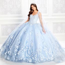 Light Blue Ball Gown Quinceanera Dresses With Wrap V Neck Floral Appliqued Beads Sweet 16 Dress Sweep Train Masquerade Prom Gowns 261r