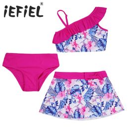 Clothing Sets 4-14 year old children and girls Tankini set with 3 floral printed Tank tank tops bikini dresses and skirts summer swimwear and swimwearL2405