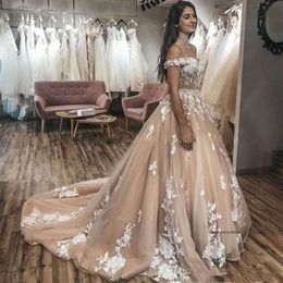 2024 A Line Wedding Dresses Off Shoulder Illusion Champagne White Lace Appliques Crystal Beads 3D Floral Tulle Bridal Gowns wedding dress Corset Back 0513