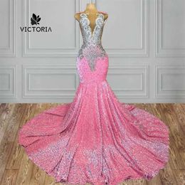 Pink Veet Sequin Sier Rhinestone Long Gowns For Black Girls Beaded Diamond African Mermaid Prom Dresses 2024