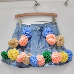 Skirts Big Flower Denim Mini Skirt Women's Summer Slim Fit High Waist A-line