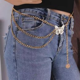 Waist Chain Belts Hollow butterfly waist chain fashionable multi-layer belt body gold and silver sexy for women Q240511