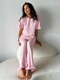 Home Clothing Marthaqiqi Summer Women Nightwear Suit O-Neck Sleepwear Short Sleeve Nightgowns Crop Top Pyjama Pants Ladies Nightie 2 Piece