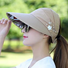 Wide Brim Hats Trendy Beaded Flower Decor Visor Hat For Women And Girls - Foldable UV Protection Perfect Summer Outdoor Activities