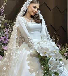 2024 Satin Princess Wedding Dresses Square Collar 3D Flowers Long Sleeves Bride Gowns Country Bridal Dress Vestido De Novia Robe Mariee