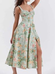 Two Piece Dress Womens sleeveless split style long skirt fashionable square neckline pleated floral Bohemian dress backless Sundress summer Q240511