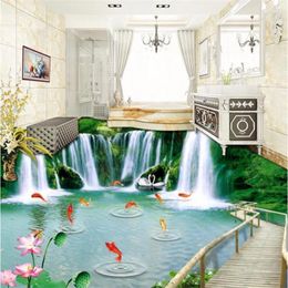 Wallpapers Wellyu Custom Flooring Painting 3D Floor Tiles Nature Wooden Bridge Waterfall Wall Papers Home Decor Papel De Parede