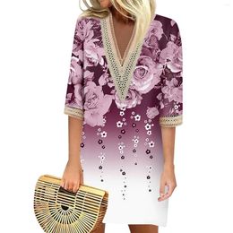 Casual Dresses Summer For Women Fashion Printed Loose Lace V Neck 3/4 Sleeve Dress Women'S Print Square