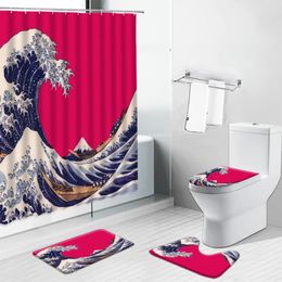 Shower Curtains Sea Wave Pattern Cartoons Scenery Non-Slip Bath Mat Toilet Cover Rug Kitchen Carpet Bathroom Decor Curtain Set