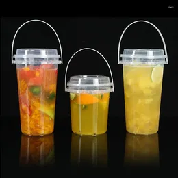 Disposable Cups Straws 10pcs Net Red 700ml 1000ml Large Transparent Plastic Fruit Juice Dessert Packaging Cup Creative Milk Tea With Handle