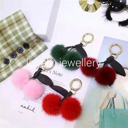 Iece Mink Fur Pom Keychain Cherry Fluffy Bag Purse Charms Leather Key Chains Llaveros Para Mujer Female Gift