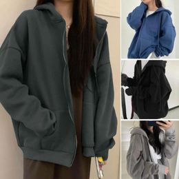 Women's Hoodies Women Zip-up Hoodie Thick Hooded Winter Coat With Zipper Closure Drawstring Long Sleeve Solid Colour Jacket For Autumn