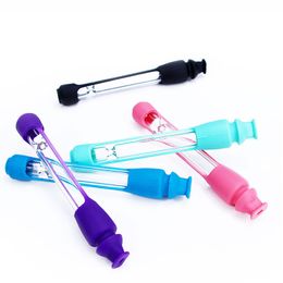 Wholesale colorful Silicone Skin glass One Hitter Pipe Portable Colorful Cigarette Taster With Removable Cap For Smoking Steamroller Hand Pipe Filters