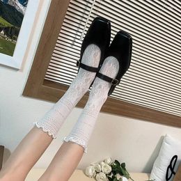 Women Socks White Y2k Japanese Style Sweet Girls Kawaii Cute Sexy Lace Mesh Fishnet Loose Long Sox Solid Colour Black