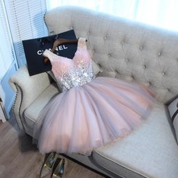 New Short Prom Dresses 2020 Ball Gown Pink Gray Sequined V-neck Elegant Evening Formal Party Gowns vestido formatura curto 340z