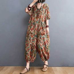 Women's Jumpsuits Rompers Jumpsuits Women Cotton Linen Short Slve Playsuits One Piece Outfit Women High Waist Lantern Pants Overalls for Women Y240510