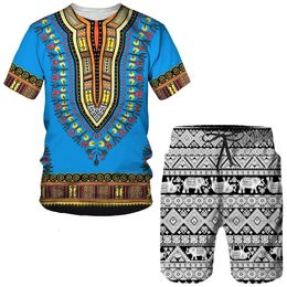 African Traditional Suits for Men Short Sleeve Tshirt Shorts 2 Piece Vintage Dashiki Outfits Summer Casual Set Clothing Man 240426