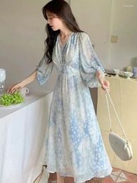Party Dresses Summer Women's Runway V Neck Half Sleeves Printed Sweet Fashion A-line Blue Vestidos Clothes For Women Beach Vacation