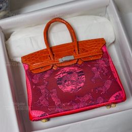 12A Mirror quality luxury Classic Designer Bag woman handbag genuine leather patchwork crocodile all handmade 25cm orange creative colour clash Design scrawl bag