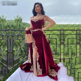 Luxury Arabic Mermaid Velvet Evening Dresses With Detachable Train Side Split Applique Lace Prom Gowns High Neck Tassel Algerian Outfit 302Y